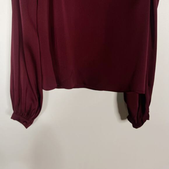 Intermix Size 2 Burgundy Red Silk Off The Shoulder Long Sleeve Blouse Mock Neck - Picture 9 of 13